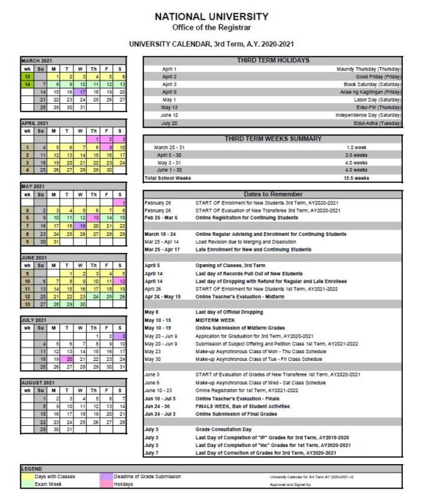 University-Calendar-3rd-AY-Term-2020-2021 | National University