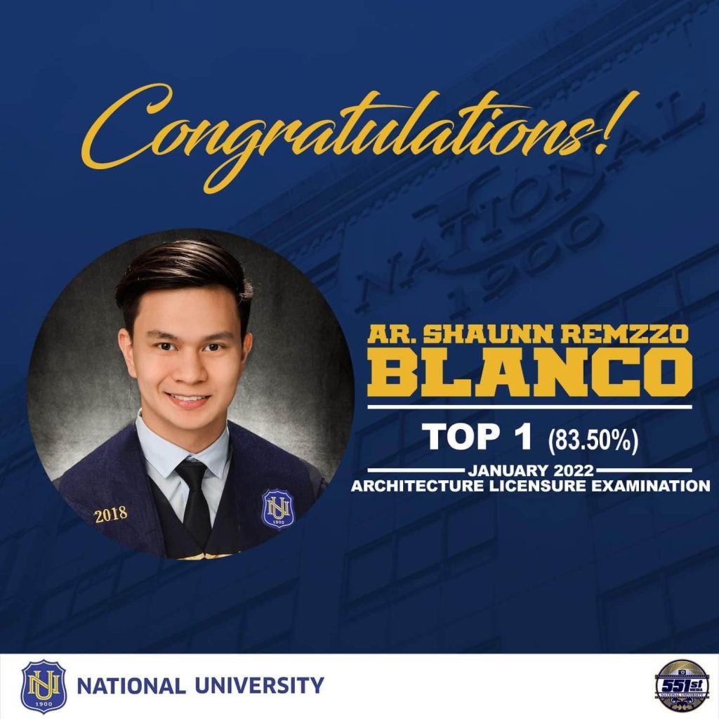 Congratulations Ar. Shaunn Remzzo T. Blanco (TOP 1) and the NU College