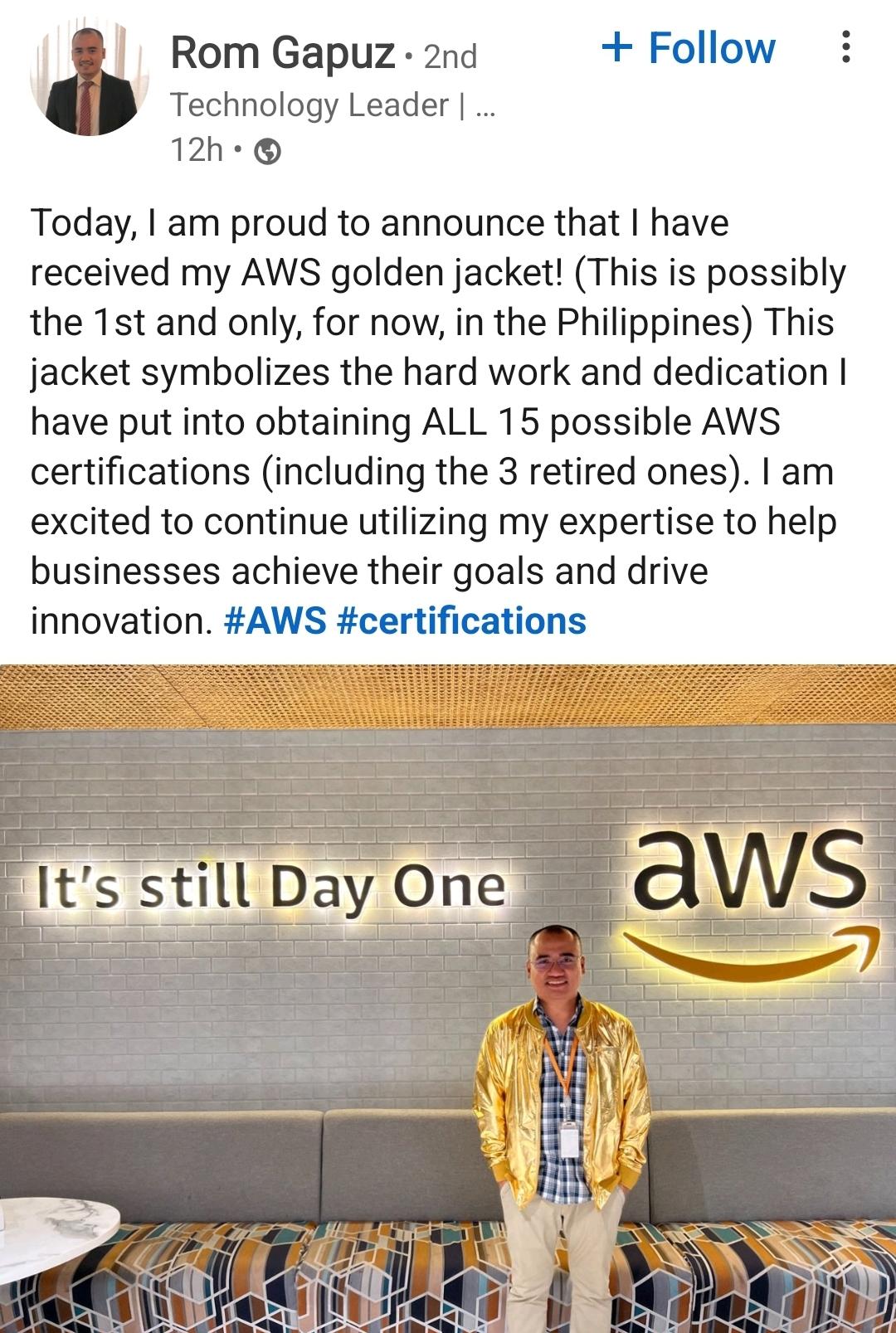 APC Alumnus Rom Gapuz Earns AWS Gold Jacket for Software Engineering ...