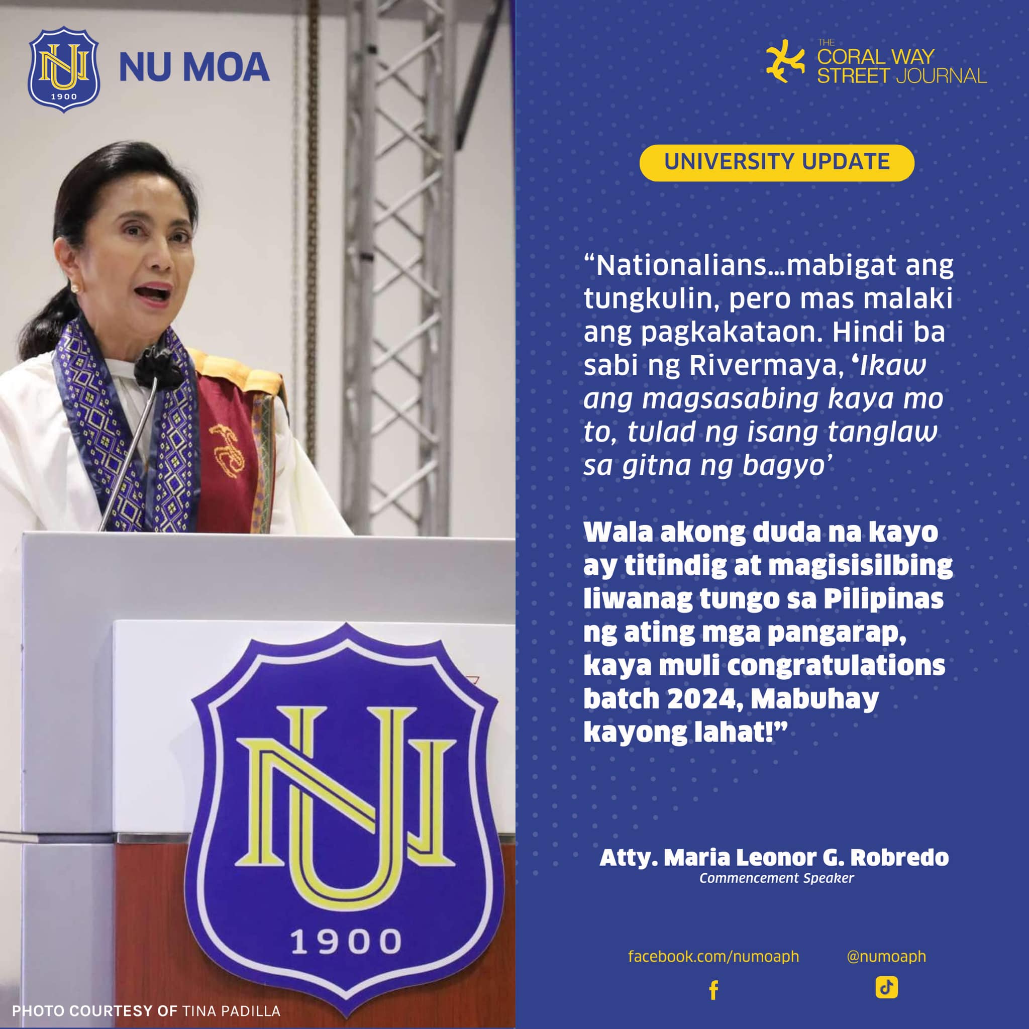 Atty. Leni Robredo Delivers Speech at NU MOA Graduation | National ...